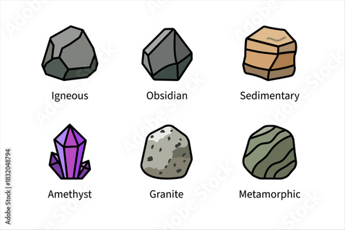 Types of Rocks and Minerals Icon Set