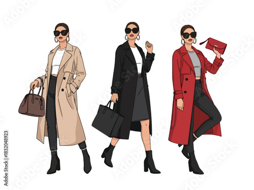 Flat vector set of stylish confident women wearing fashionable trench coats and boots, ideal for high-fashion editorial themes and modern lifestyle artworks