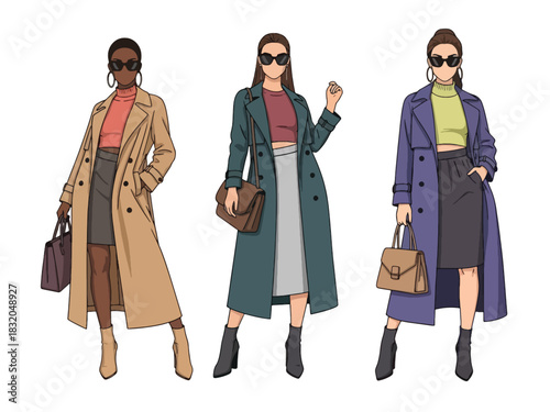 Flat vector set of stylish confident women wearing fashionable trench coats and boots, ideal for high-fashion editorial themes and modern lifestyle artworks