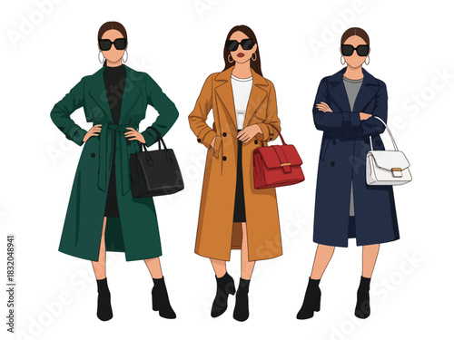 Flat vector set of stylish confident women wearing fashionable trench coats and boots, ideal for high-fashion editorial themes and modern lifestyle artworks