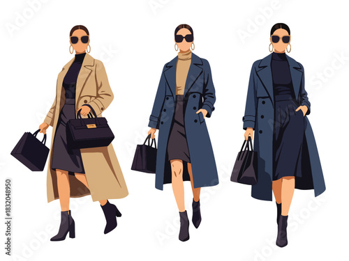 Flat vector set of stylish confident women wearing fashionable trench coats and boots, ideal for high-fashion editorial themes and modern lifestyle artworks