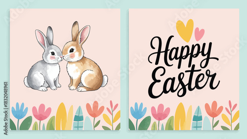Adorable watercolor bunnies sharing a sweet moment with happy easter text and floral border