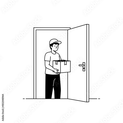 Delivery person holding a package at an open doorway, e-commerce service concept.