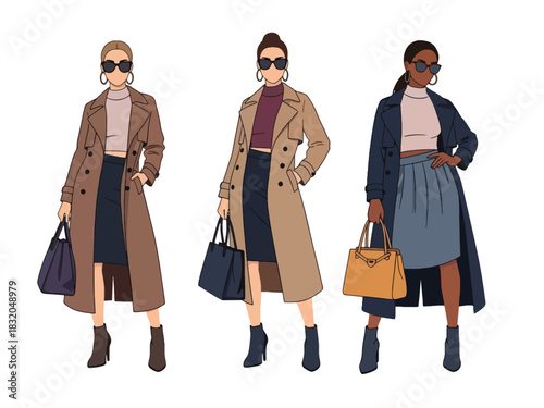 Flat vector set of stylish confident women wearing fashionable trench coats and boots, ideal for high-fashion editorial themes and modern lifestyle artworks