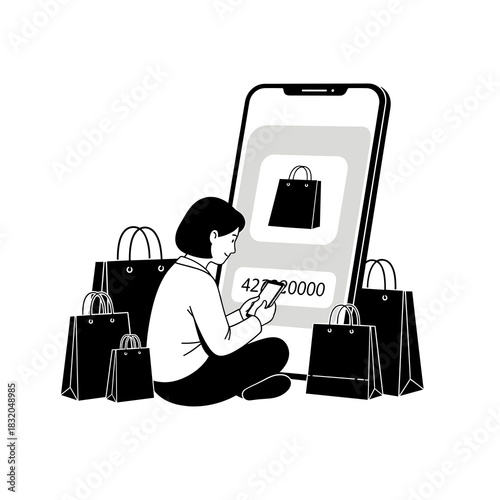 Young woman shopping online using her smartphone surrounded by many shopping bags.