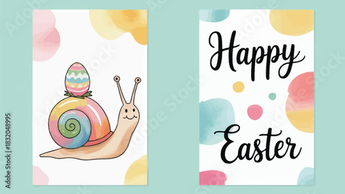 Cute cartoon snail with colorful easter egg on its shell and happy easter text with watercolor blobs