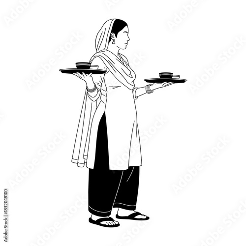 Minimalist black and white line art of a south asian woman serving food on trays.