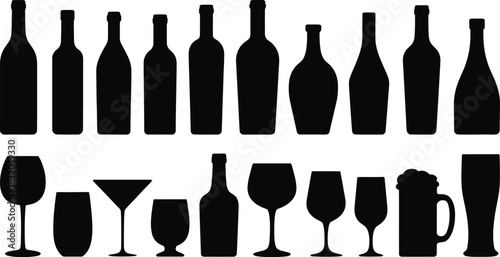Assorted Black Silhouettes of Bottles and Glasses for Drinks on White Background alcohol