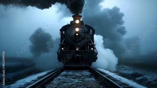 The Headlight of a Locomotive on the Tracks at Night