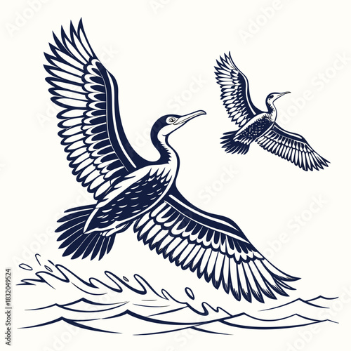 Two cormorants flying over water with one taking off in stylized silhouette art
