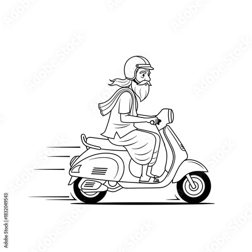 Indian baba riding classic scooter with helmet and speed lines outline graphic