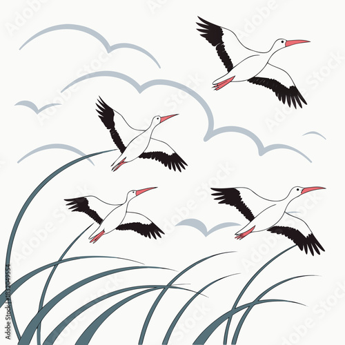 Graceful storks in flight soar above tall grass and wispy clouds in a serene natural landscape