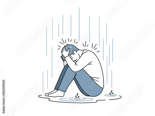 Depressed man sitting in rain, feeling overwhelmed by stress and mental burden.