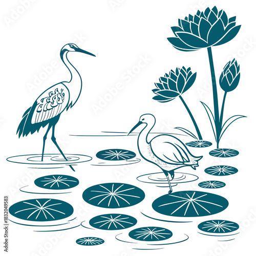 Two elegant herons stand gracefully amidst blooming lotus flowers and lily pads in tranquil water