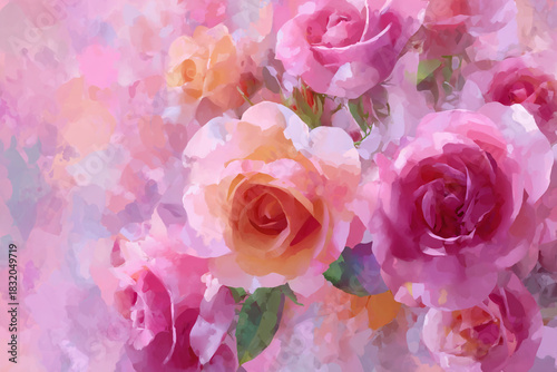 beautiful abstract watercolor painting of pink and orange roses and soft floral background