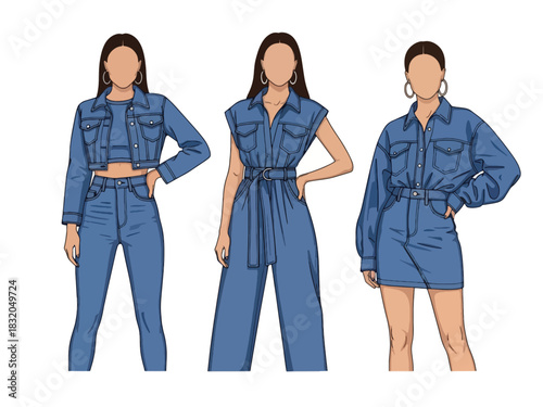 Flat vector set of stylish confident women wearing jeans and trendy denim outfits, perfect for casual youthful fashion collections and modern branding