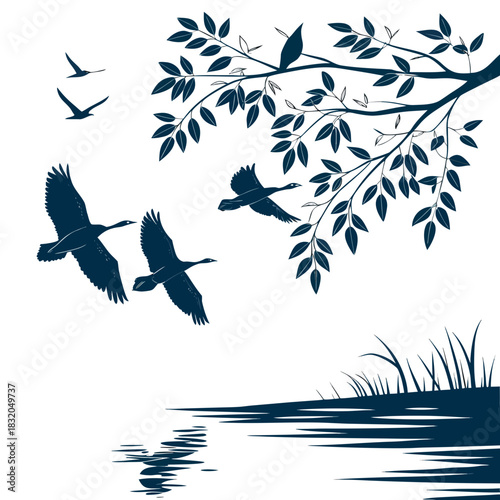 Silhouettes of geese flying over a calm lake with reflections and a bird perched on a leafy branch