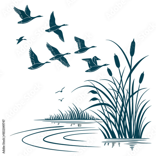 Flock of geese flying over a calm lake with reeds and cattails in silhouette