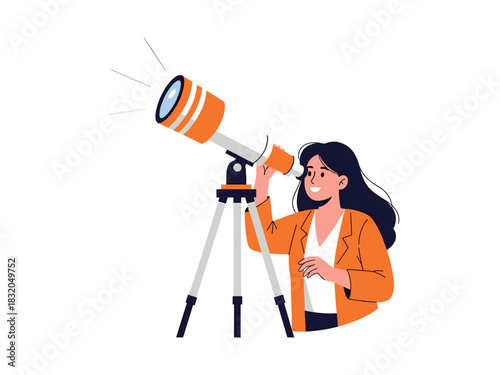 Woman in orange jacket uses a large telescope to explore and envision the future