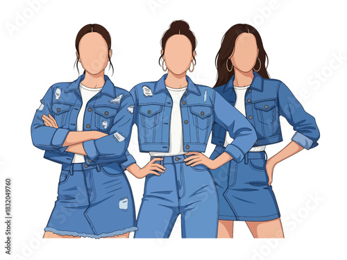 Flat vector set of stylish confident women wearing jeans and trendy denim outfits, perfect for casual youthful fashion collections and modern branding