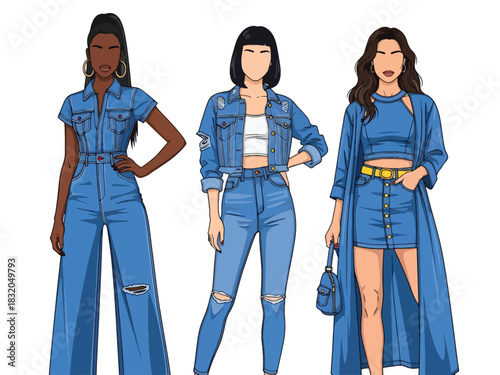 Flat vector set of stylish confident women wearing jeans and trendy denim outfits, perfect for casual youthful fashion collections and modern branding