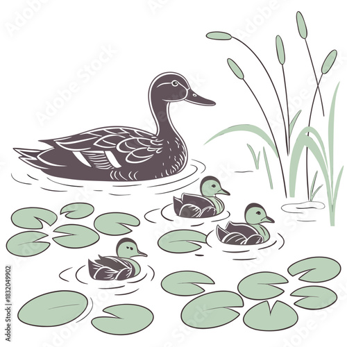 Mother duck and her ducklings swimming peacefully in a pond surrounded by lily pads and reeds