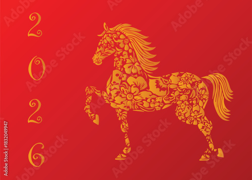 A postcard featuring a fire horse on a red background with gold embossing