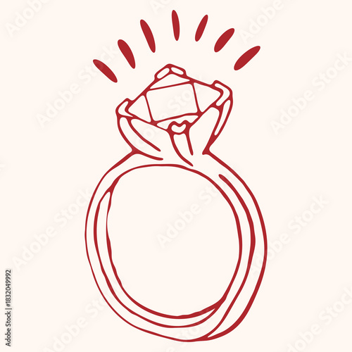 Minimalist line art doodle illustration of a sparkling diamond engagement ring in red color on a light background. Perfect for wedding proposals, jewelry, love, and romance concepts.