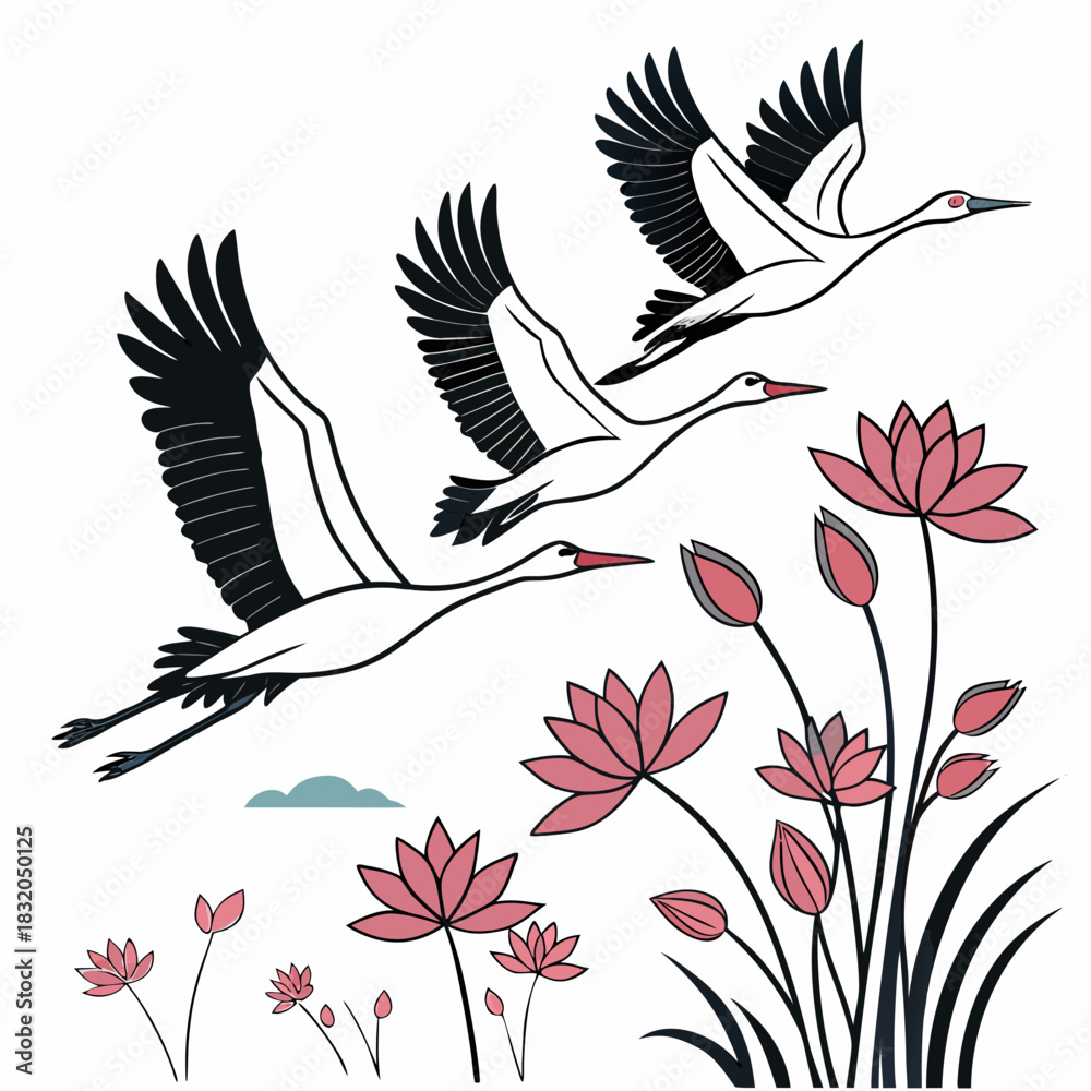 Obraz premium Elegant illustration of three white cranes flying gracefully over pink lotus flowers and buds