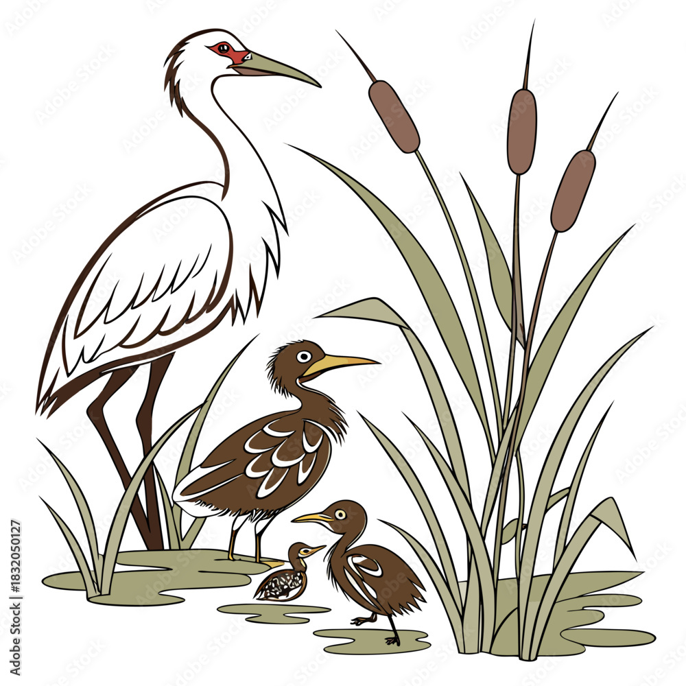 Obraz premium Stylized illustration of a family of wading birds including a large crane and chicks in a marsh with cattails
