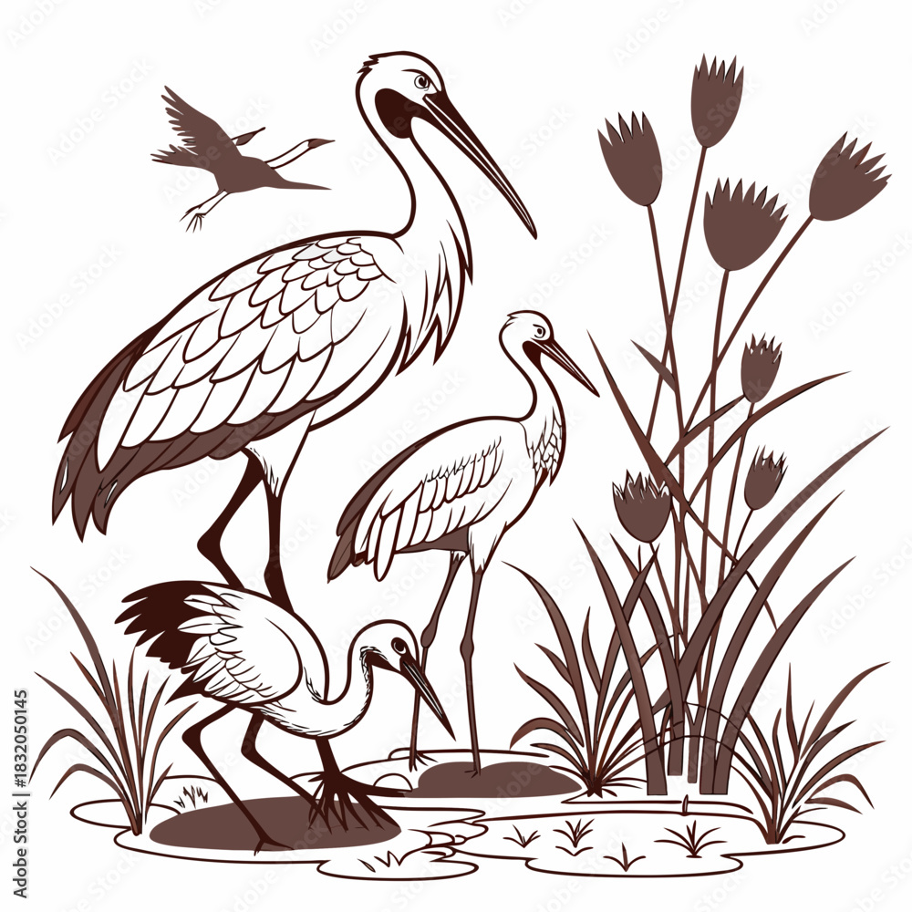 Obraz premium Elegant cranes standing gracefully in a marsh surrounded by tall reeds and water plants