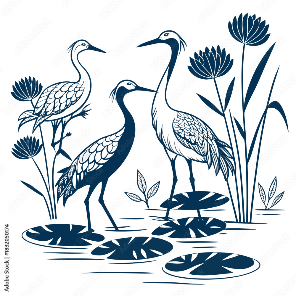 Obraz premium Elegant cranes standing among lotus flowers and lily pads in a serene water scene
