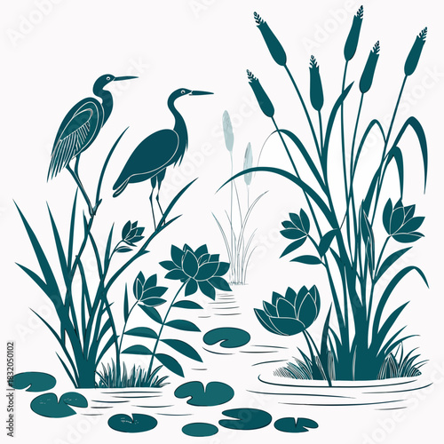 Two elegant herons stand among reeds and lotus flowers on a serene pond
