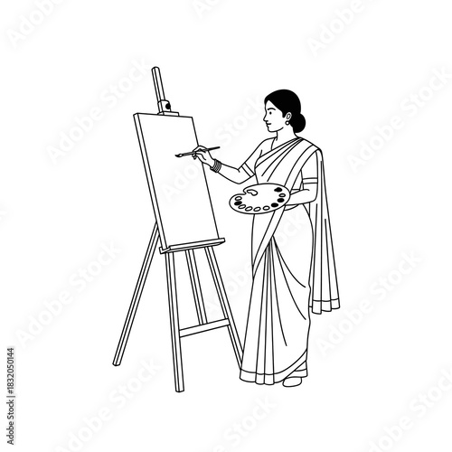 Indian woman in a sari painting on an easel, holding a paintbrush and art palette