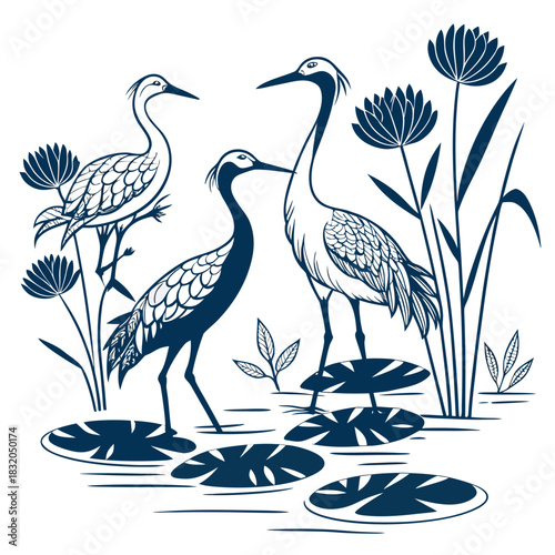 Elegant cranes standing among lotus flowers and lily pads in a serene water scene