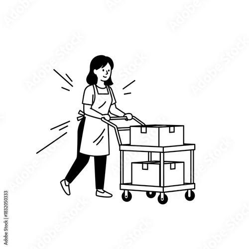 Smiling woman in apron pushing a service cart with boxes, delivery and logistics concept