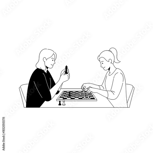 Two women playing strategic chess game with board and pieces, focus on logic
