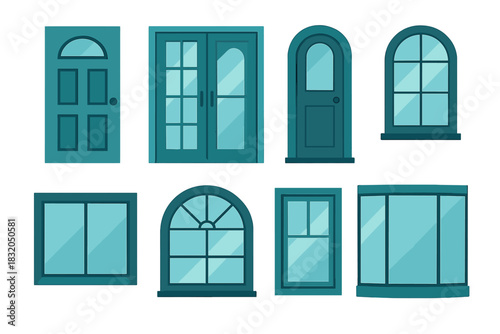 Collection of various door and window designs in teal color showcasing different shapes and styles