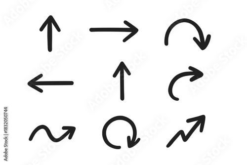 Directional arrows showing movement and change in various shapes and orientations in a simple design