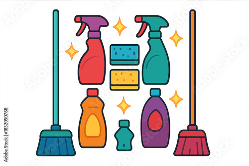 Colorful cleaning supplies arranged neatly with sponges and brushes for an organized cleaning theme