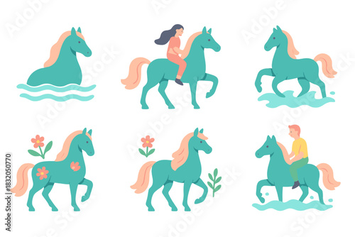 Horses in action, showcasing different activities in a serene landscape setting during a bright afternoon