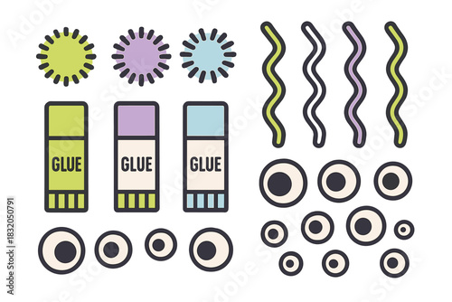 Creative crafting supplies including glue sticks, googly eyes, and abstract shapes suitable for fun projects