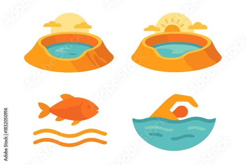 Colorful illustration of hot springs, sunset, fish, and swimmer in serene nature setting