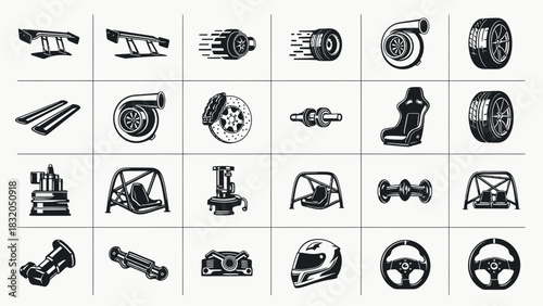 A comprehensive collection of monochrome illustrations showcasing essential racing car parts and high-performance automotive components for speed enthusiasts and vehicle tuning projects