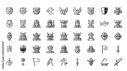 Extensive pixel art icon collection featuring diverse fantasy characters, animal heads, and essential game elements, perfect for retro gaming and digital asset design projects