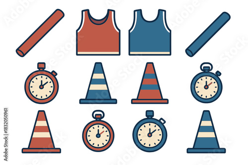 Sports training equipment displayed in a colorful arrangement including vests, cones, and timers for efficient practice