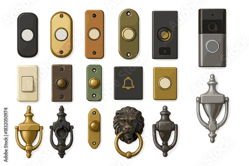 Variety of doorbell designs and styles displayed on a white background for home decoration ideas
