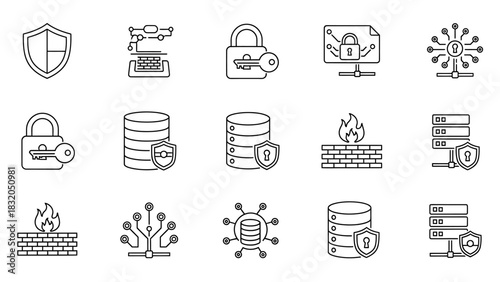 Modern vector line icon set symbolizing robust cybersecurity, secure data protection, and advanced network infrastructure for digital safety and technological design