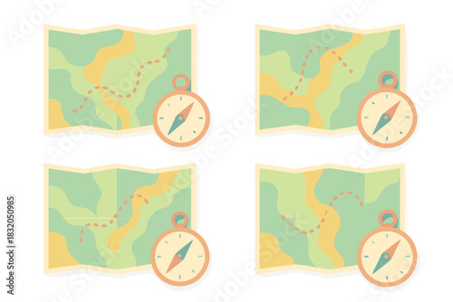 Maps and compass illustrations showing different trails for outdoor adventures and exploration