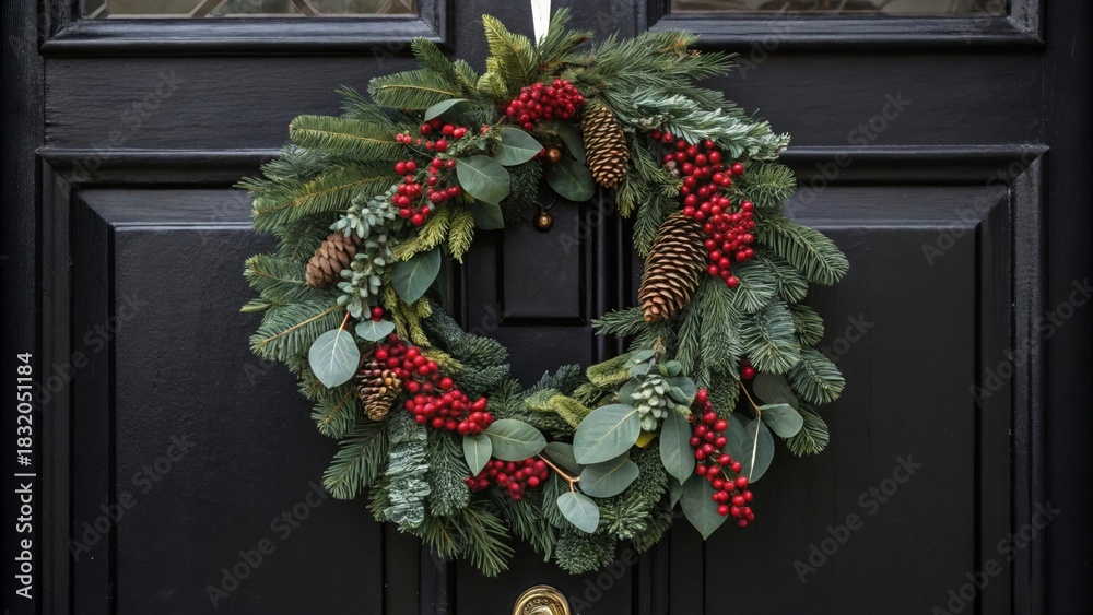 Fototapeta premium Elegant holiday wreath welcomes guests on dark door